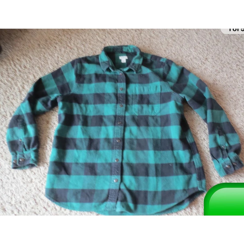LL Bean Green buffalo plaid Organic cotton Heavy flannel button shirt xs